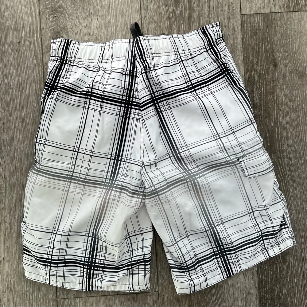 OP BOARD SHORT SWIM TRUNKS PLAID WHITE BLACK SMALL